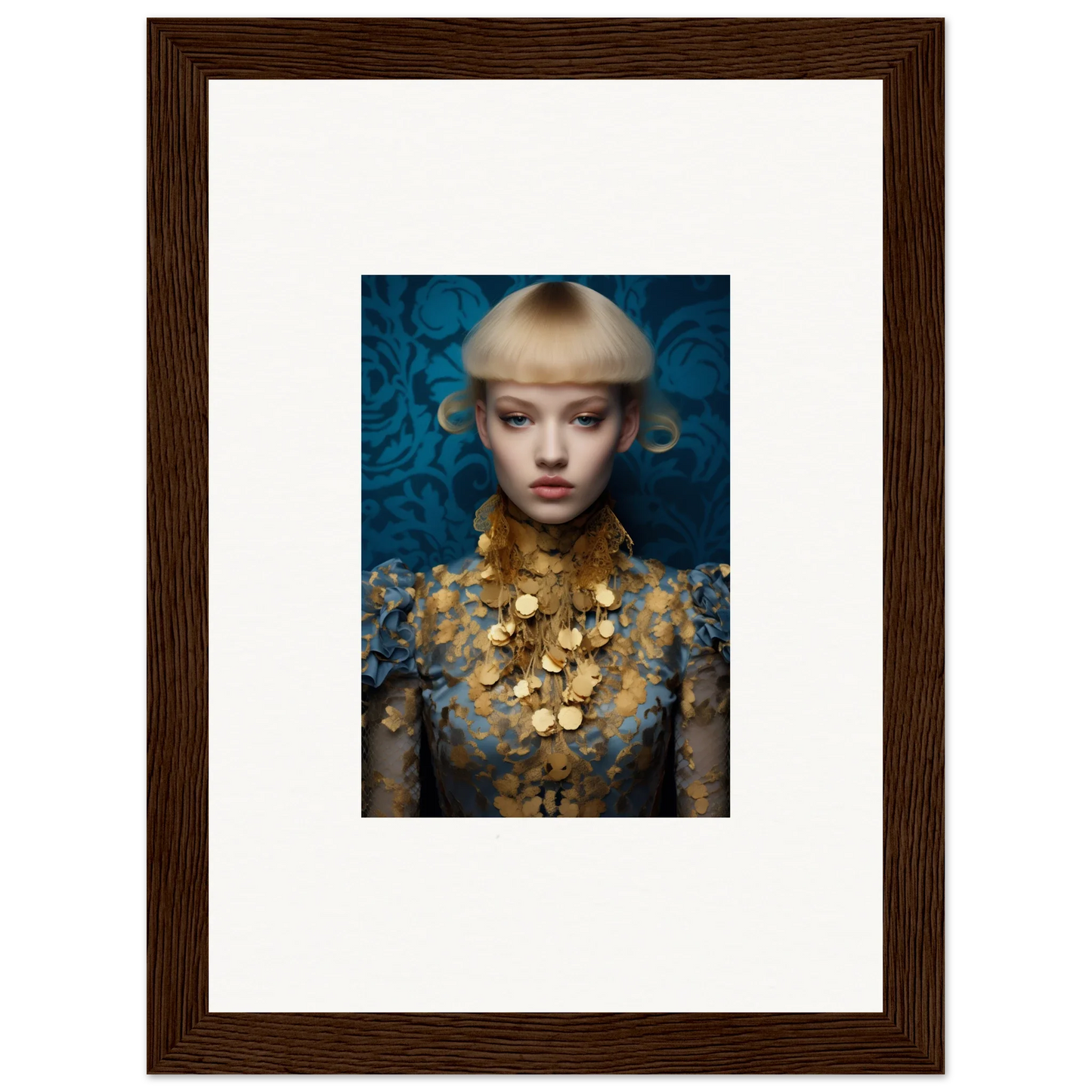 Portrait of a person in an ornate gold necklace and cream hat for delicate blossom decor