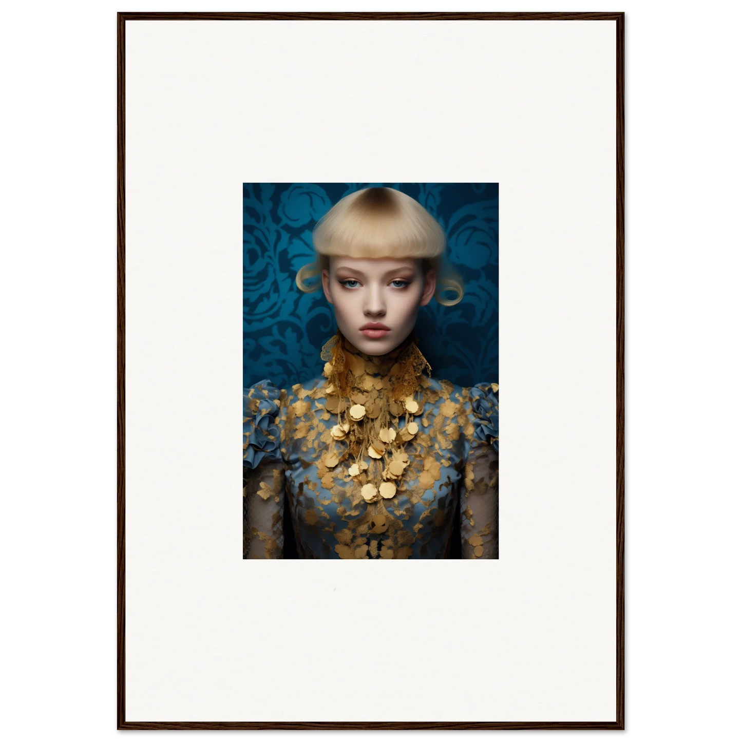 Portrait of person in ornate gold necklace and hat, perfect for delicate blossom wall decor