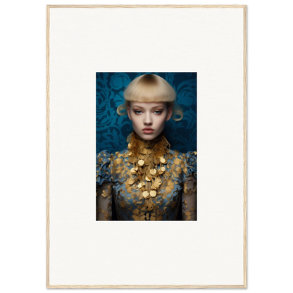 Elegant portrait with ornate gold necklace and pale hat for delicate blossom room decor