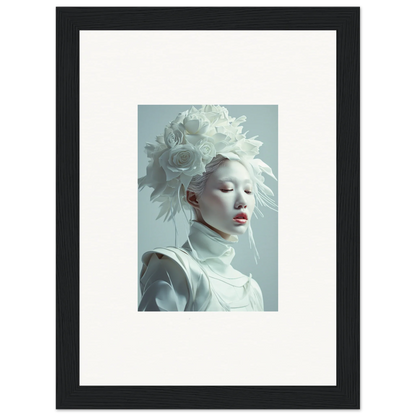 Portrait of a pale-featured person in an elaborate white headdress for unique room decor