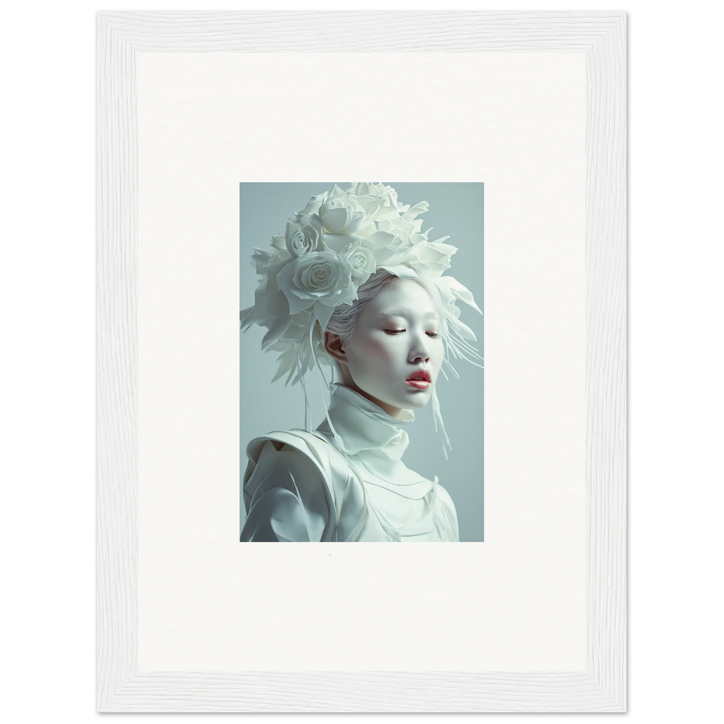 Portrait of a florid creature in white headdress, ideal for room decor or framed wall art