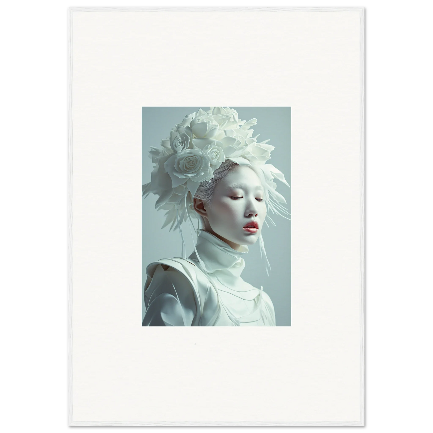 Portrait of a pale-skinned person in white headdress, florid creature wall art