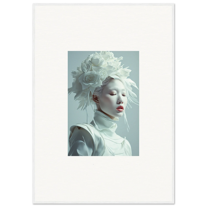 Portrait of a pale-skinned person in white headdress, florid creature wall art