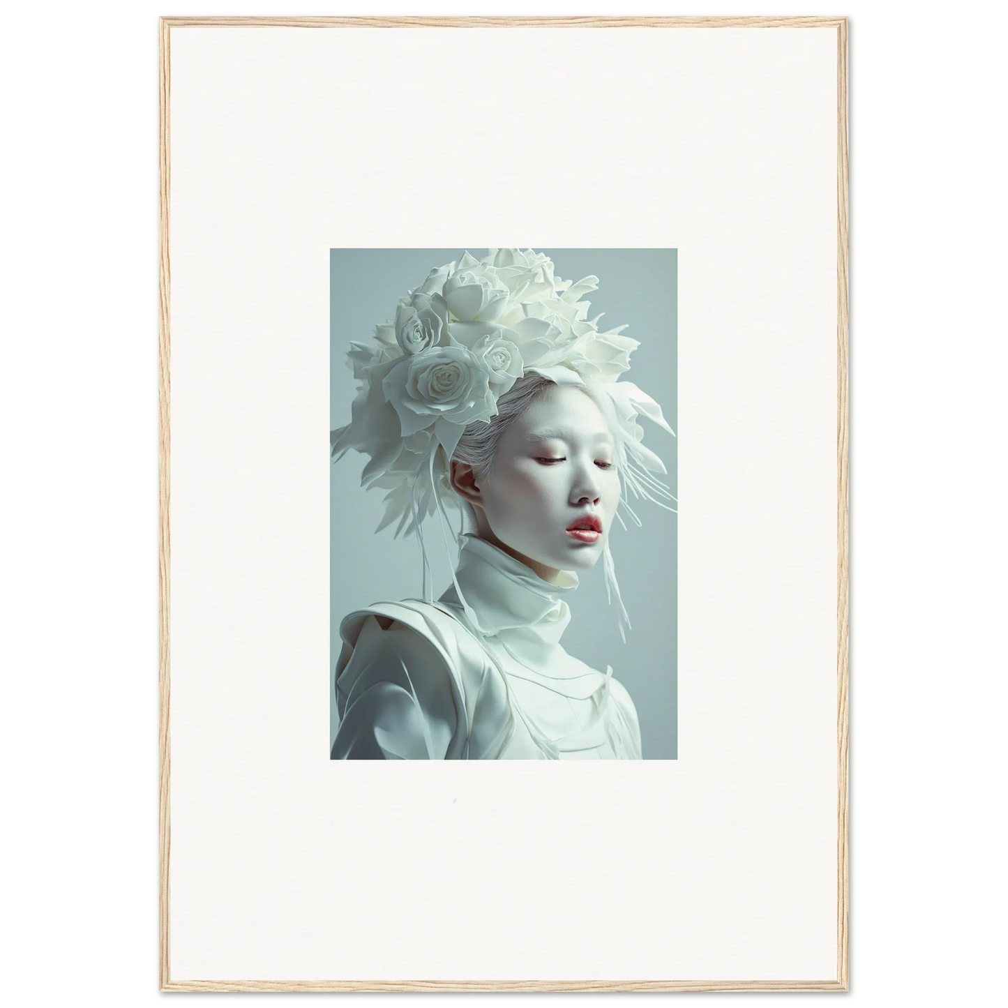 Portrait of a pale-skinned individual in white garment, perfect for framed wall art