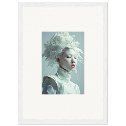 Portrait of a pale-skinned person in white headdress, ideal for florid creature room decor