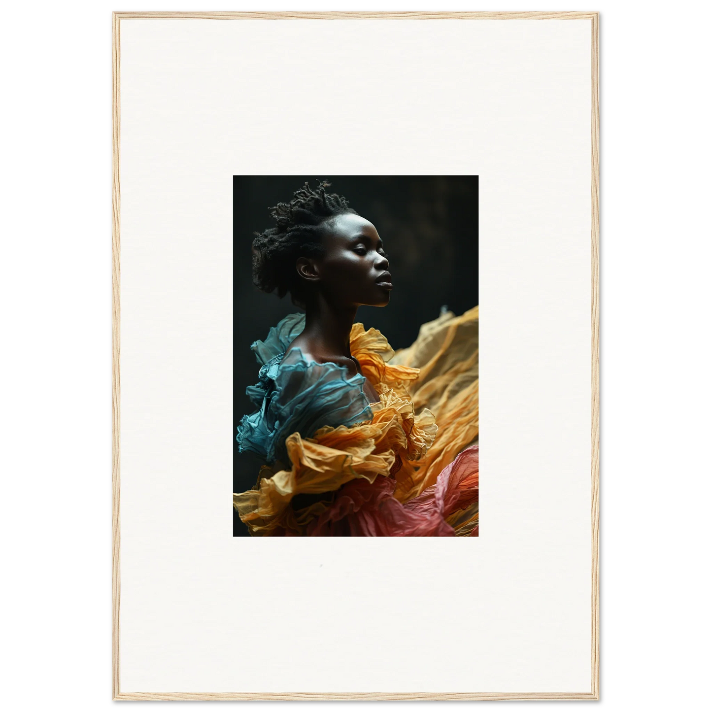 Portrait of a person surrounded by vibrant, flowing fabric in teal, orange, and pink hues.