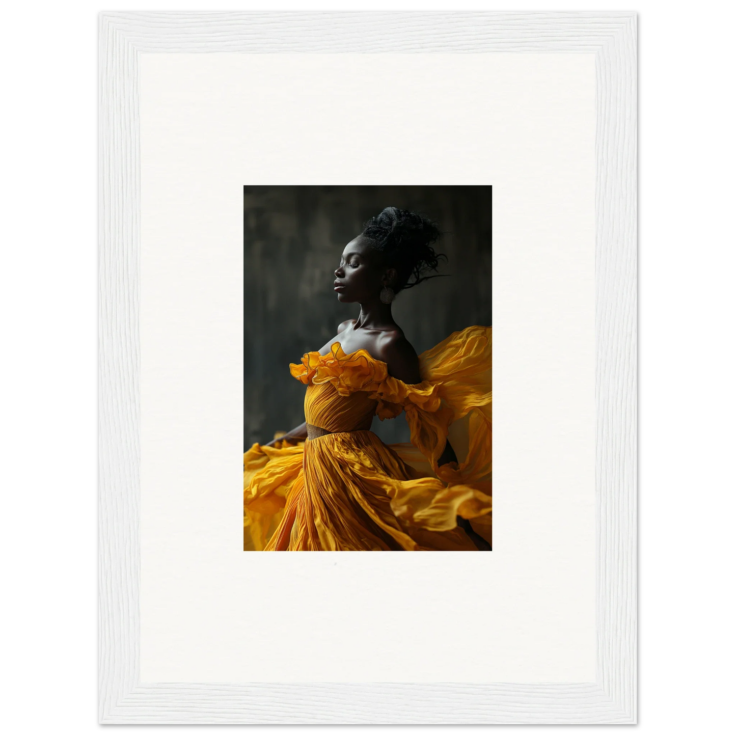 Portrait of a person in a vibrant yellow dress, ideal for Silence Rapture wall art