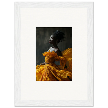 Portrait of a person in a vibrant yellow dress, ideal for Silence Rapture wall art