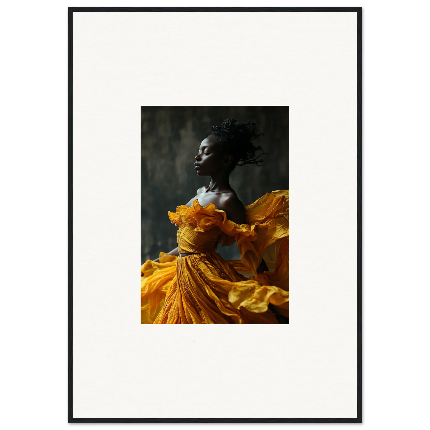 Striking portrait of a person in vibrant yellow dress for sunlit whispers wall art