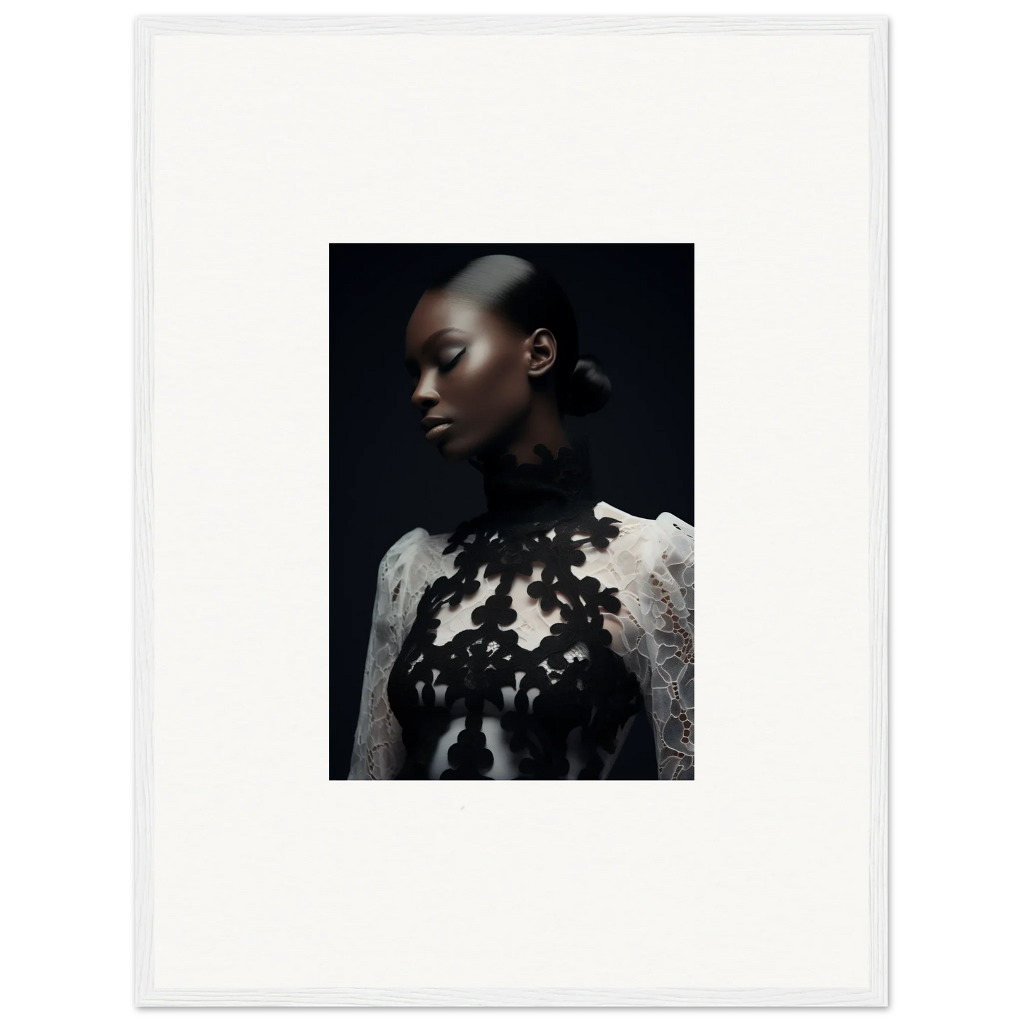 Portrait of a person in a white top with dark floral appliqués for canvas prints