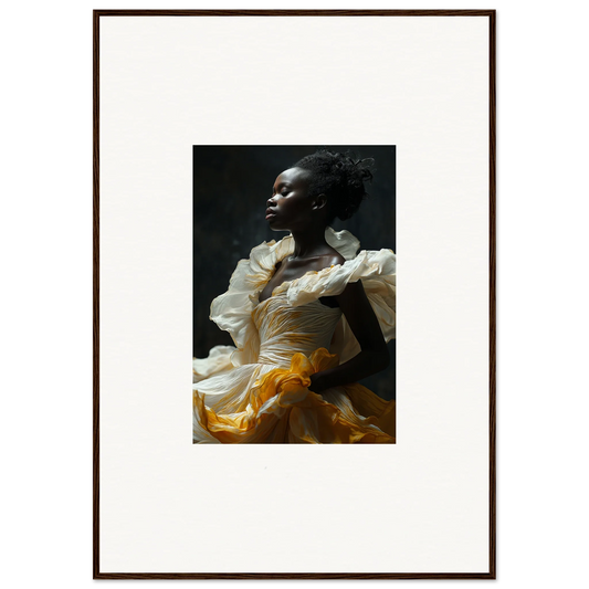 Portrait of a person in a flowing white and yellow garment for Whisper Alight room decor