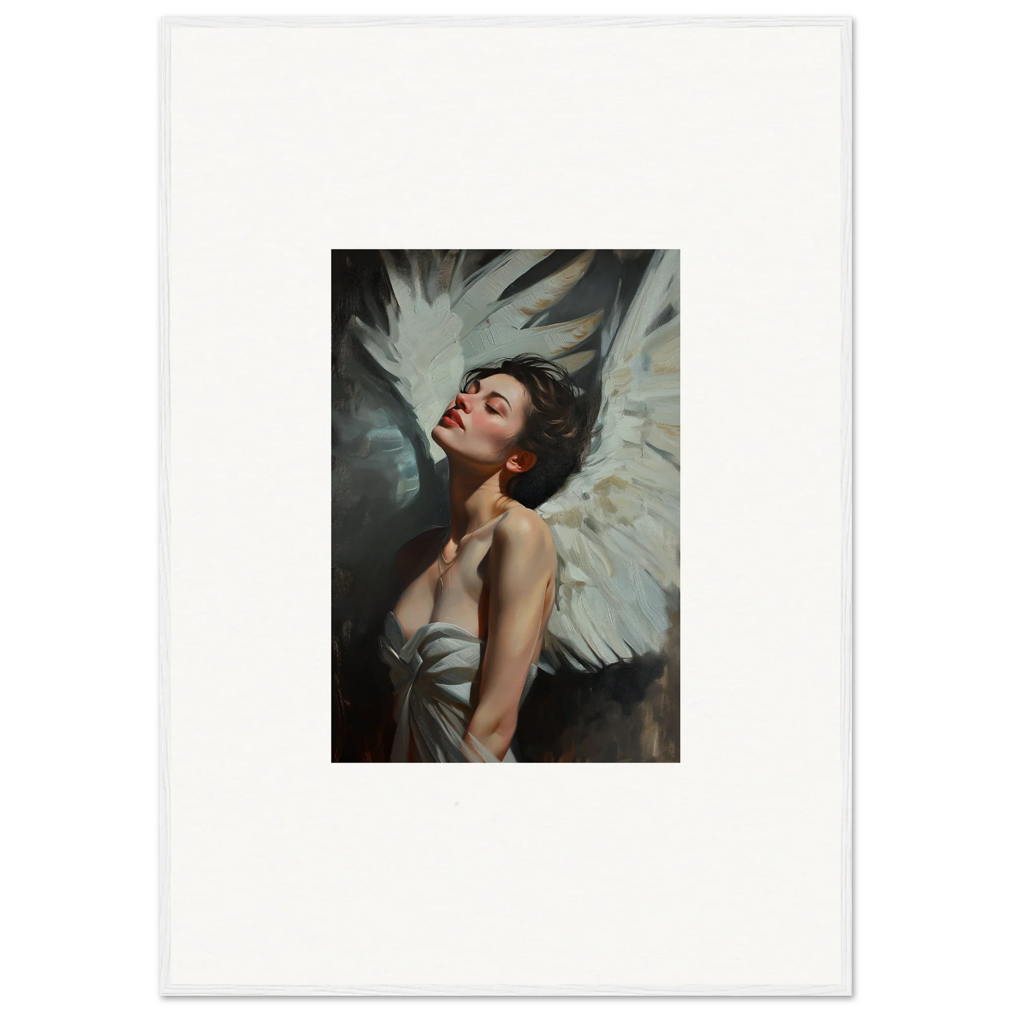 Portrait of a woman with angel wings for feathered elegance framed wall art and room decor