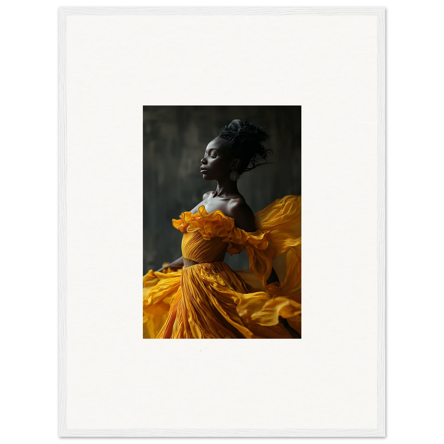 Portrait of a woman in a vibrant yellow dress for Silence Rapture room decor