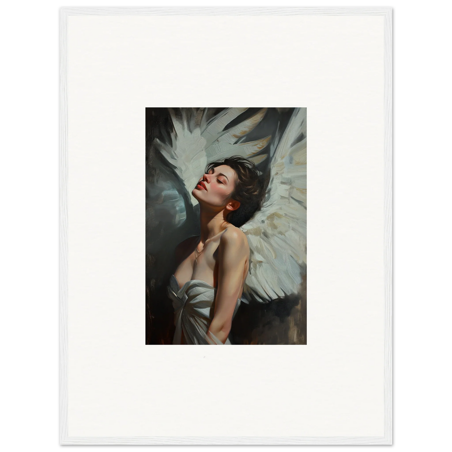 Woman with angel wings in serene pose, perfect for feathered elegance room decor