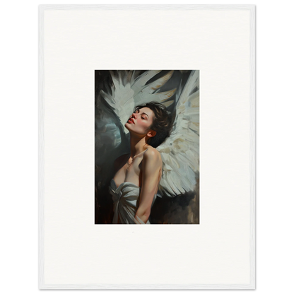 Woman with angel wings in serene pose, perfect for feathered elegance room decor