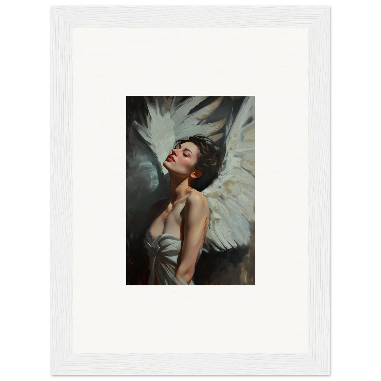 Portrait of a woman with white wings, showcasing feathered elegance for room decor