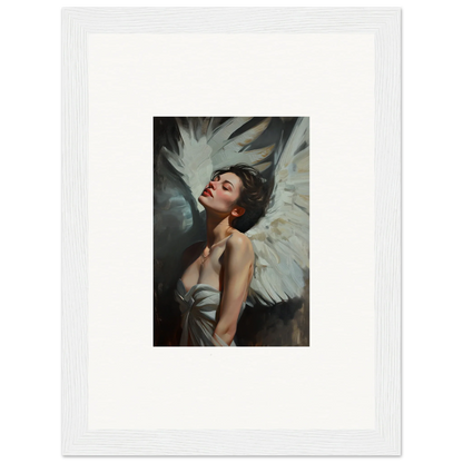 Portrait of a woman with white wings, showcasing feathered elegance for room decor