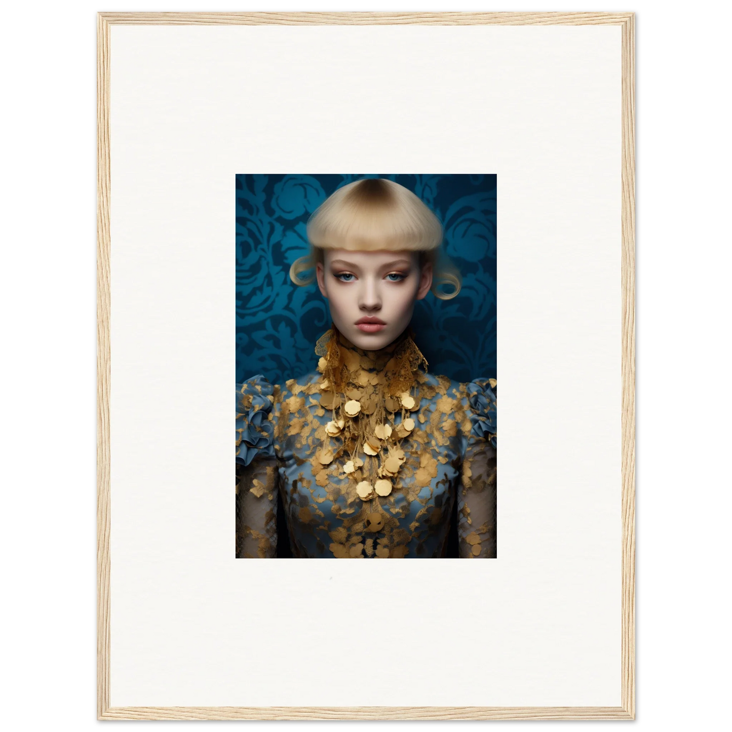 Portrait of a young woman with blonde hair and gold necklace for delicate blossom room decor