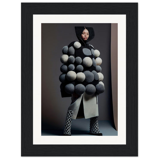 Avant-garde coat covered in spherical gray and white pom-poms.