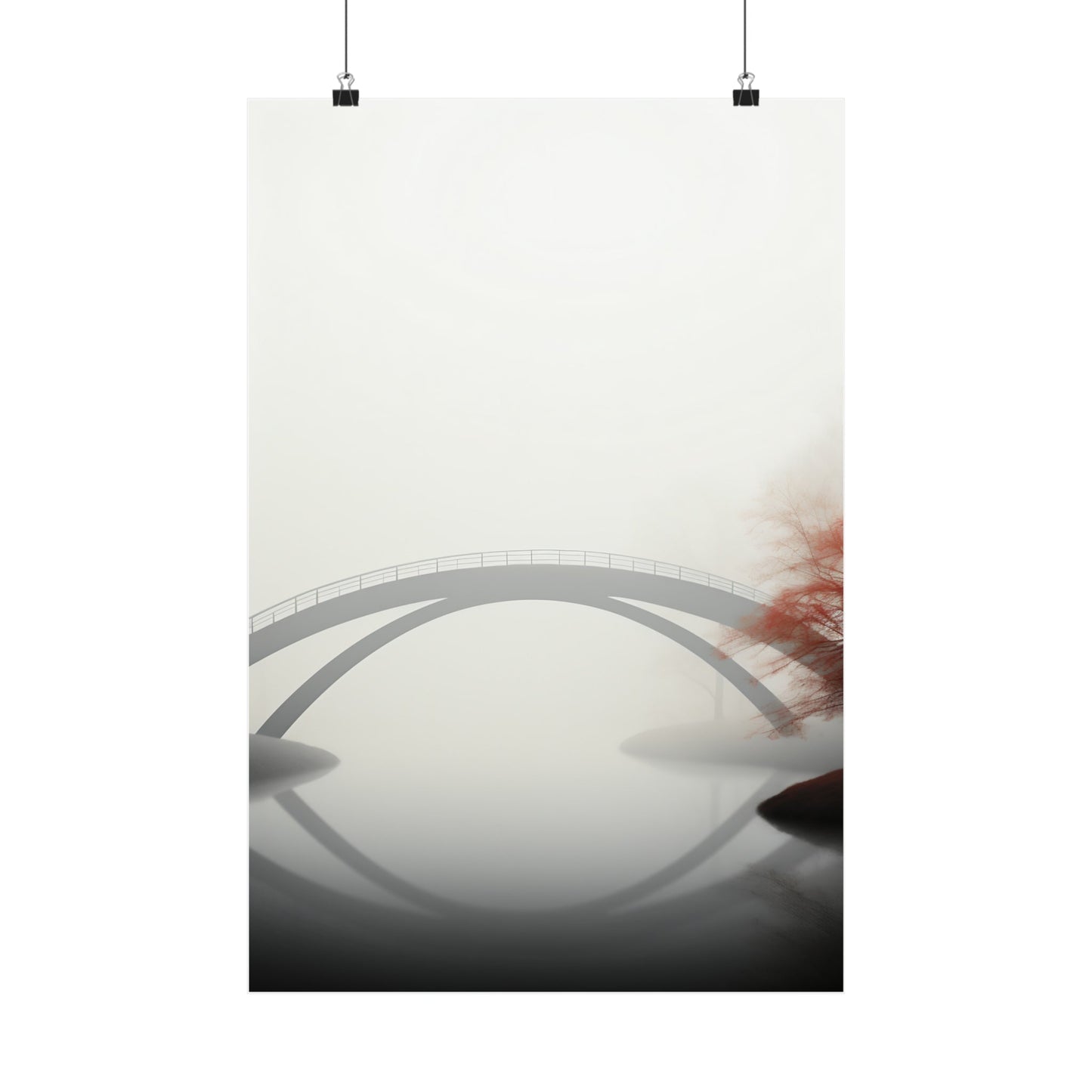 A poster with a bridge in the fog