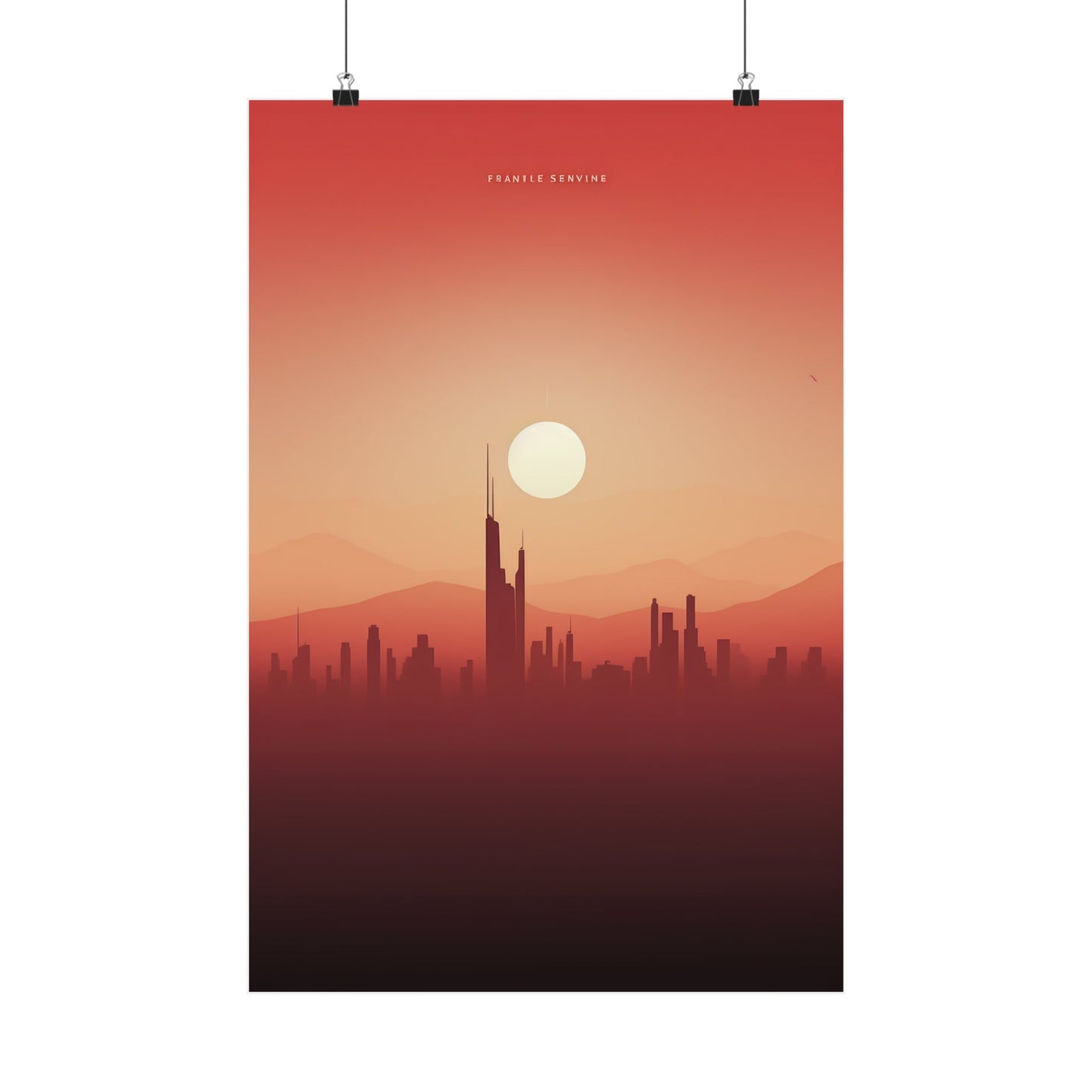 A poster of a city with a sunset in the background