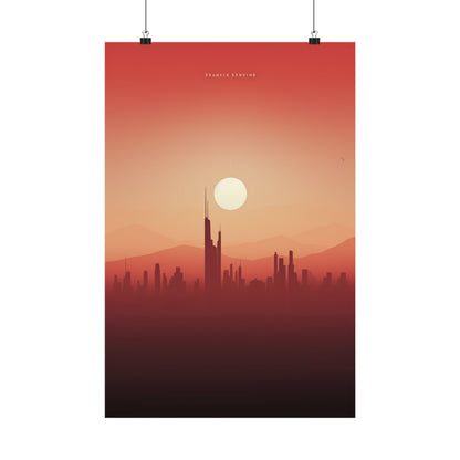 A poster of a city with a sunset in the background