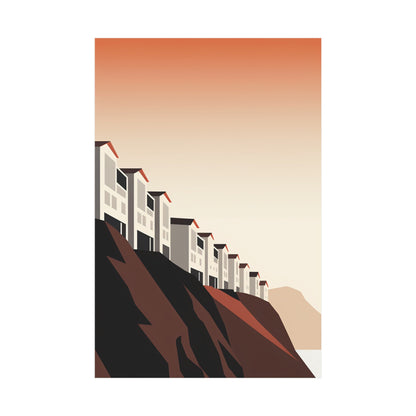 A poster of houses on a hill