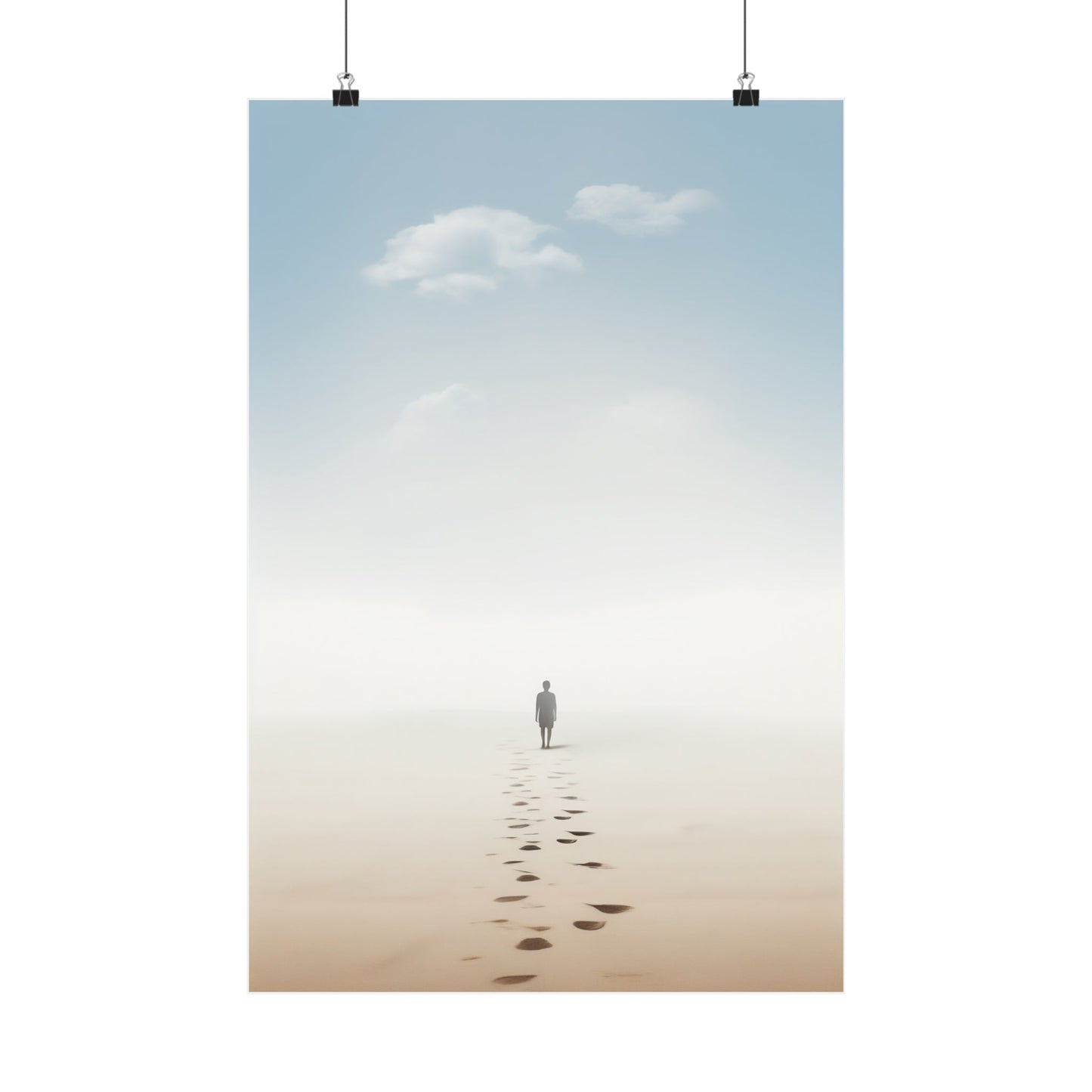 A poster with a person walking on the beach