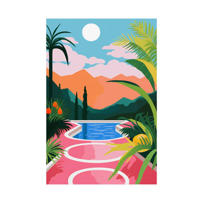 A poster with a pool and palm trees