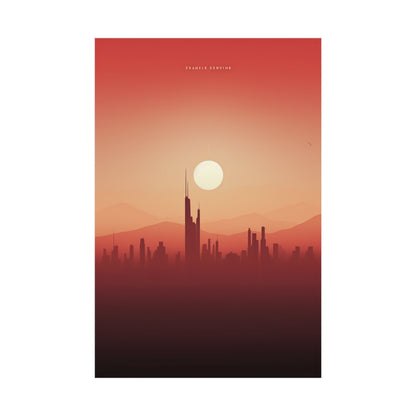 A poster with the sun setting over a city