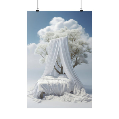 A poster with a tree and a bed