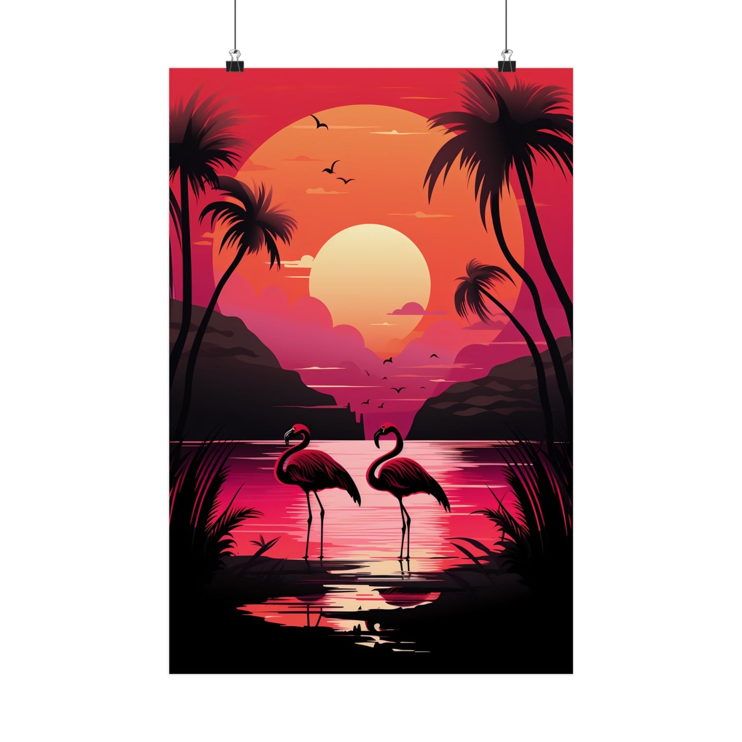 A poster of two flamingos standing in the water at sunset