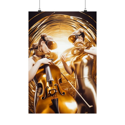 A poster with two women playing cellos