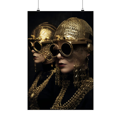 A poster with two women wearing gold sunglasses