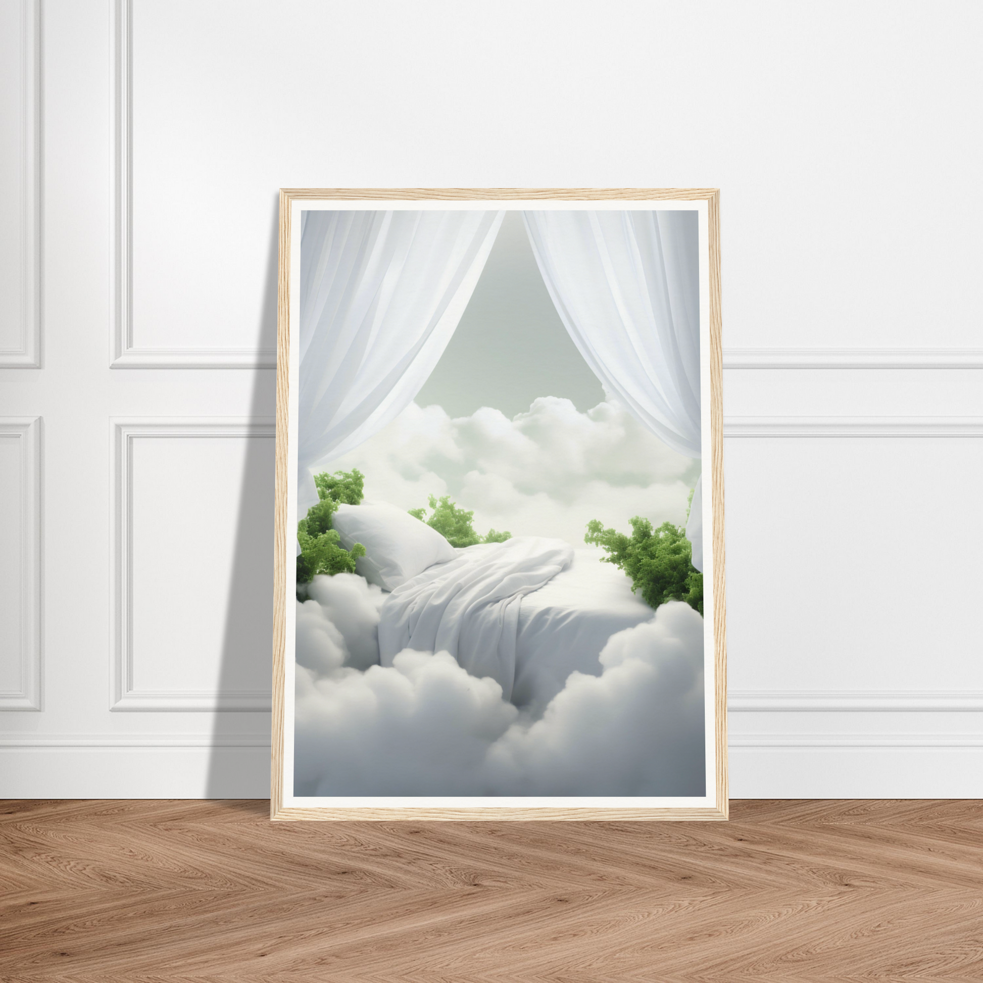 A poster with a view of a waterfall in the clouds