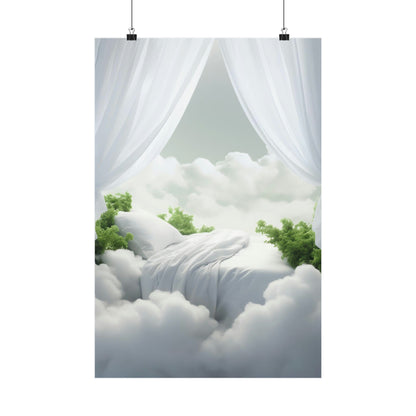 A poster with a white curtain and a green tree in the sky