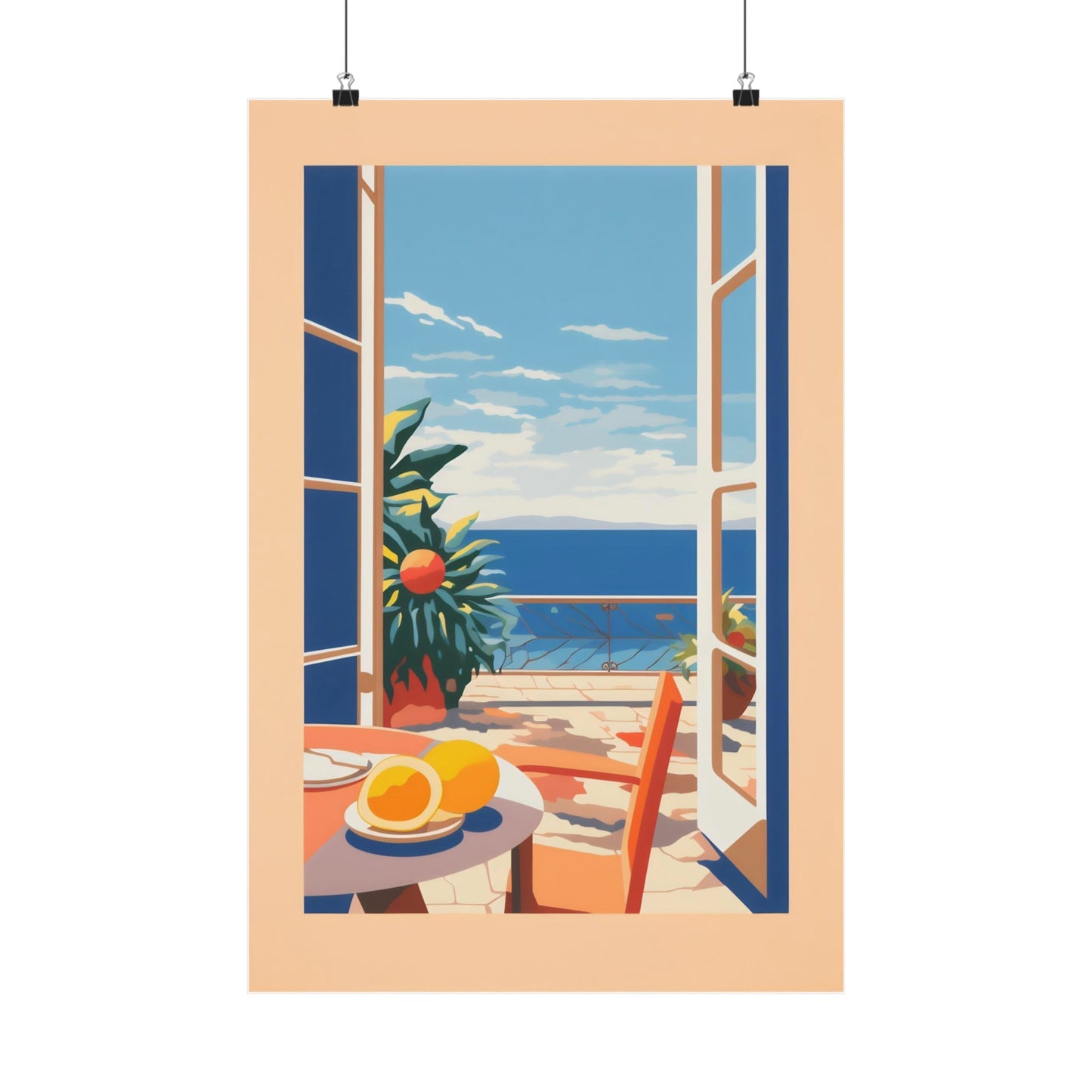 A poster of a window with a view of the ocean