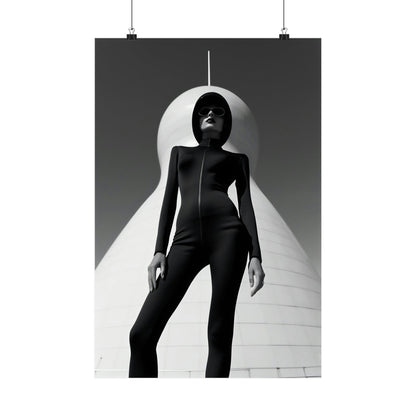 A poster with a woman in a black jumpsuit