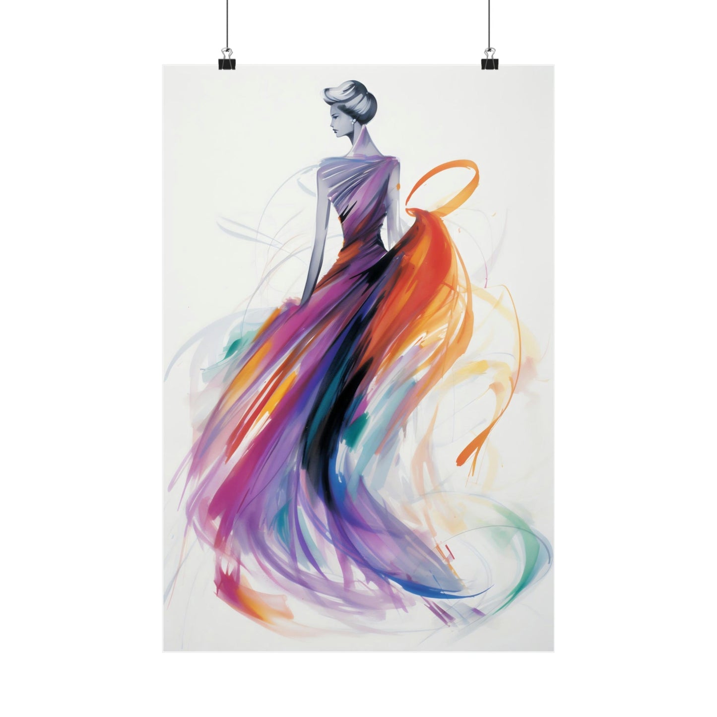 A poster with a woman in a colorful dress