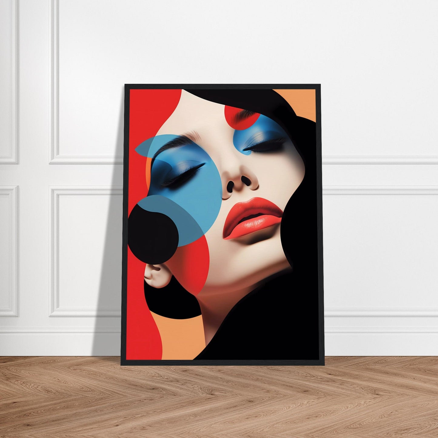 A poster with a woman’s face and colorful makeup