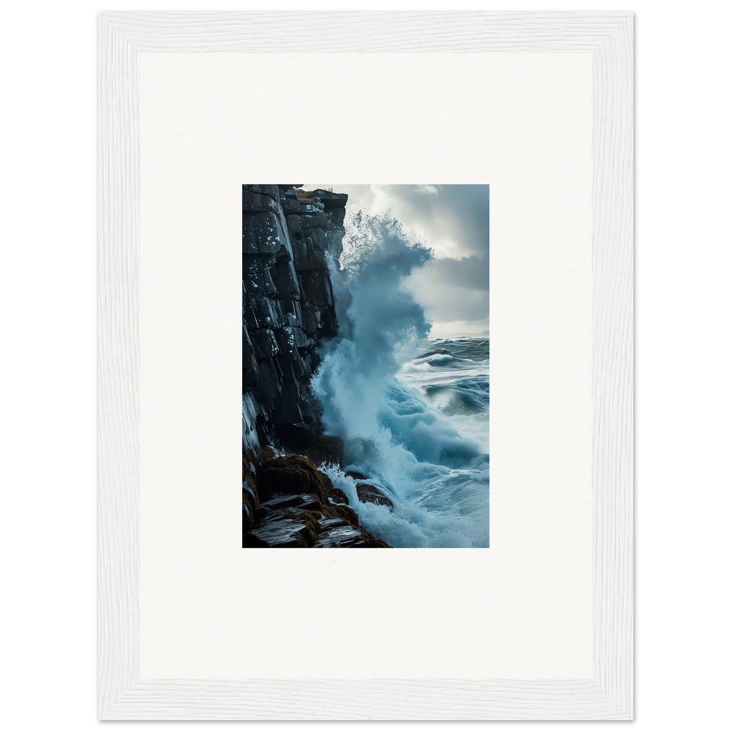 Powerful ocean wave crashing on rocky cliff, perfect for baptism translation wall art