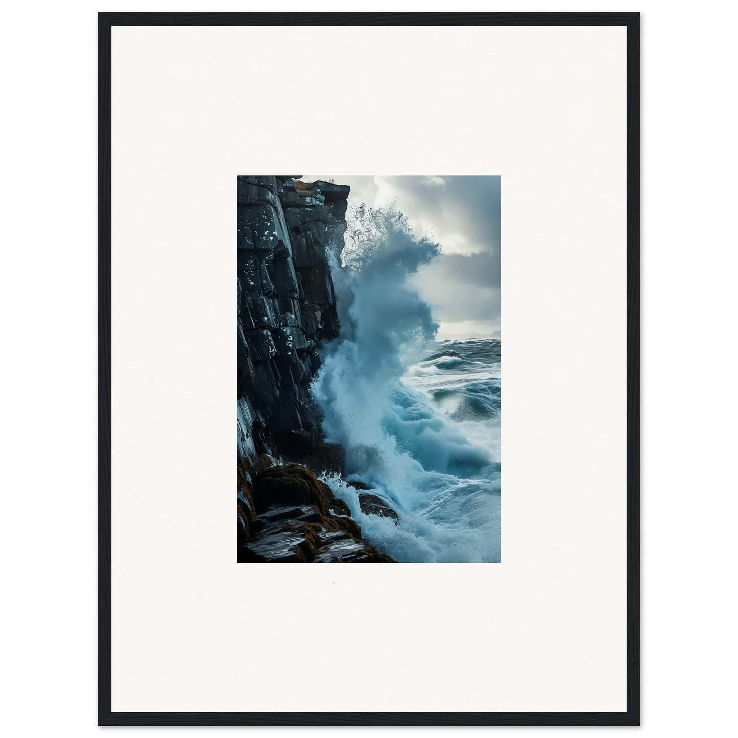 Powerful ocean wave crashing on rocky cliff, perfect for baptism translation room decor