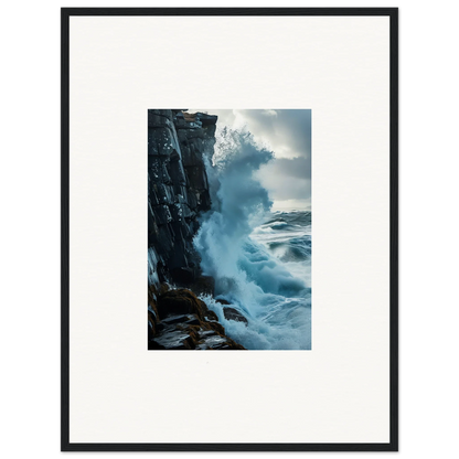 Powerful ocean wave crashing on rocky cliff, perfect for baptism translation room decor