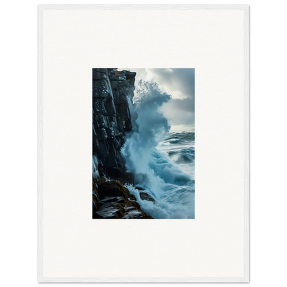 Powerful ocean wave crashing on rocky cliff, ideal for baptism translation wall art