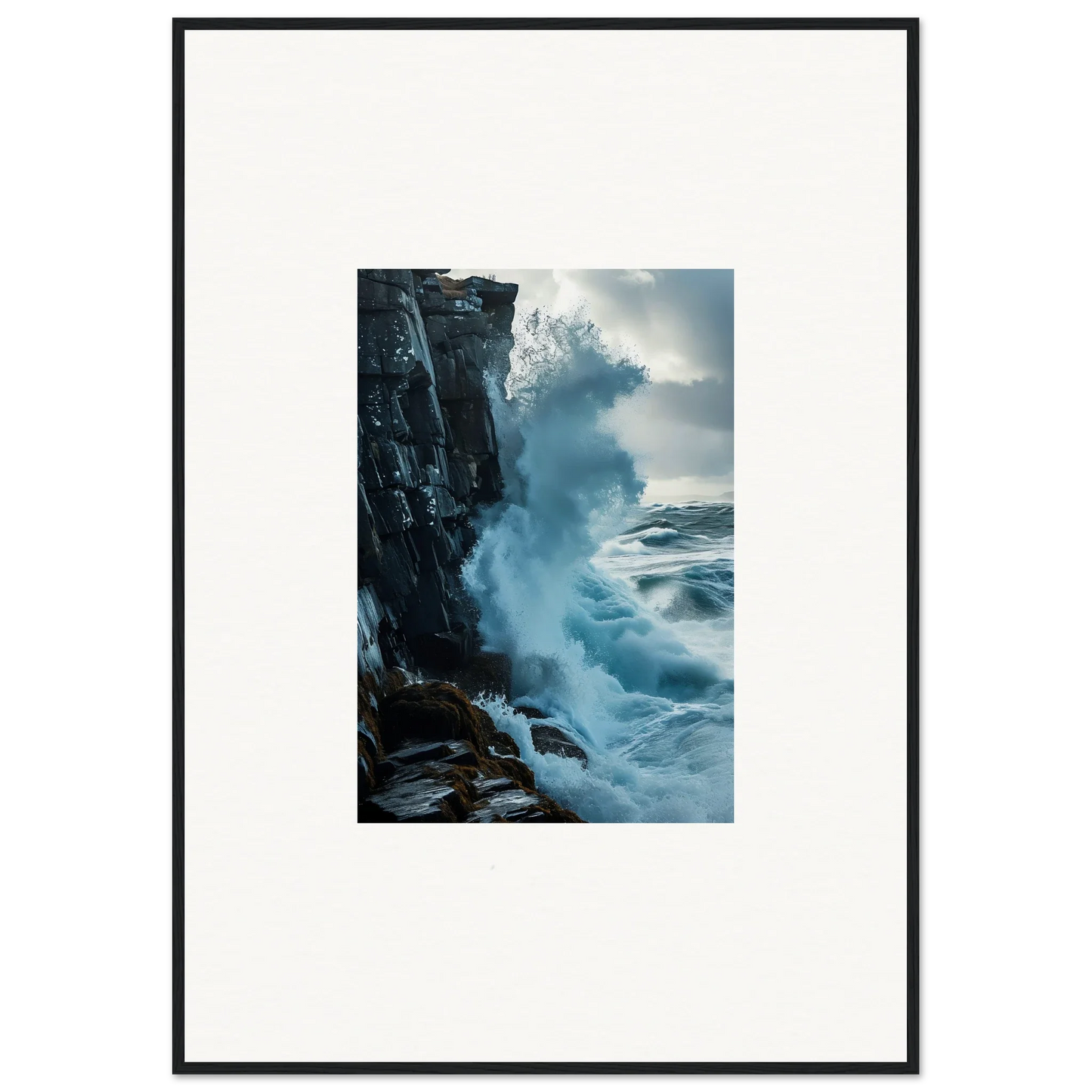 Powerful ocean wave crashing against rocky cliff, ideal for baptism translation wall art