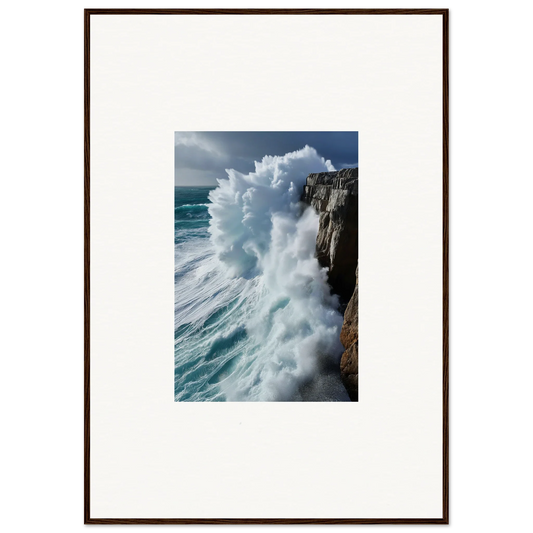 Powerful ocean wave crashing on rocky cliff in Rhapsody Aqua Resonances wall art