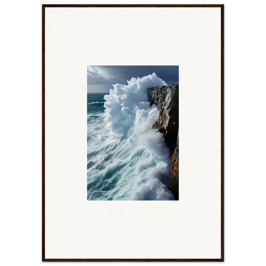 Powerful ocean wave crashing on rocky cliff in Ephemeral Surf Serenades wall art