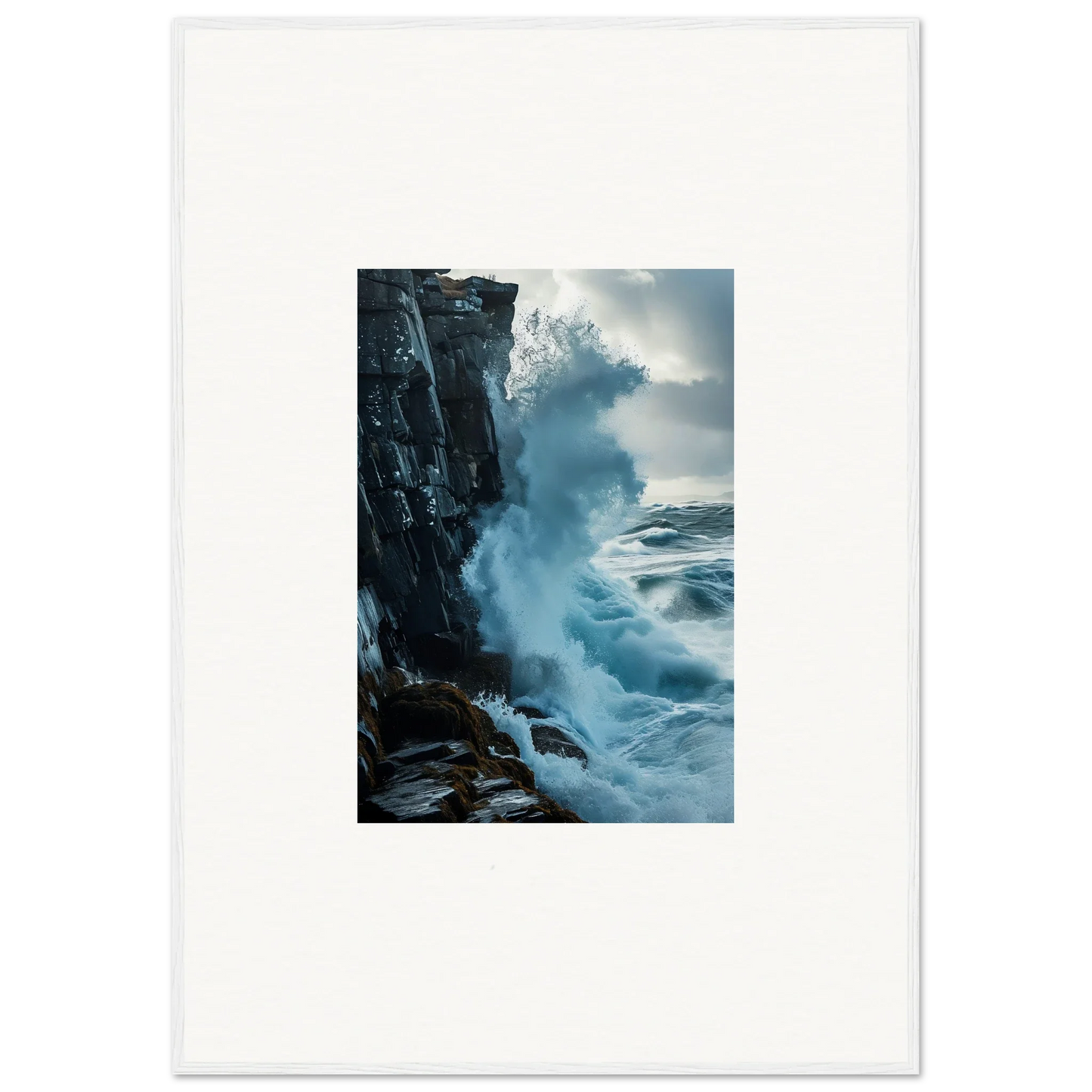 Powerful ocean wave crashing on rocky cliff, perfect for baptism translation room decor