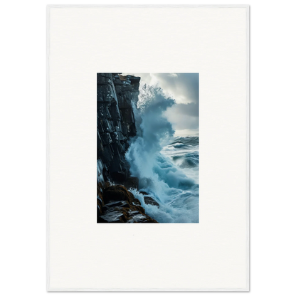 Powerful ocean wave crashing on rocky cliff, perfect for baptism translation room decor