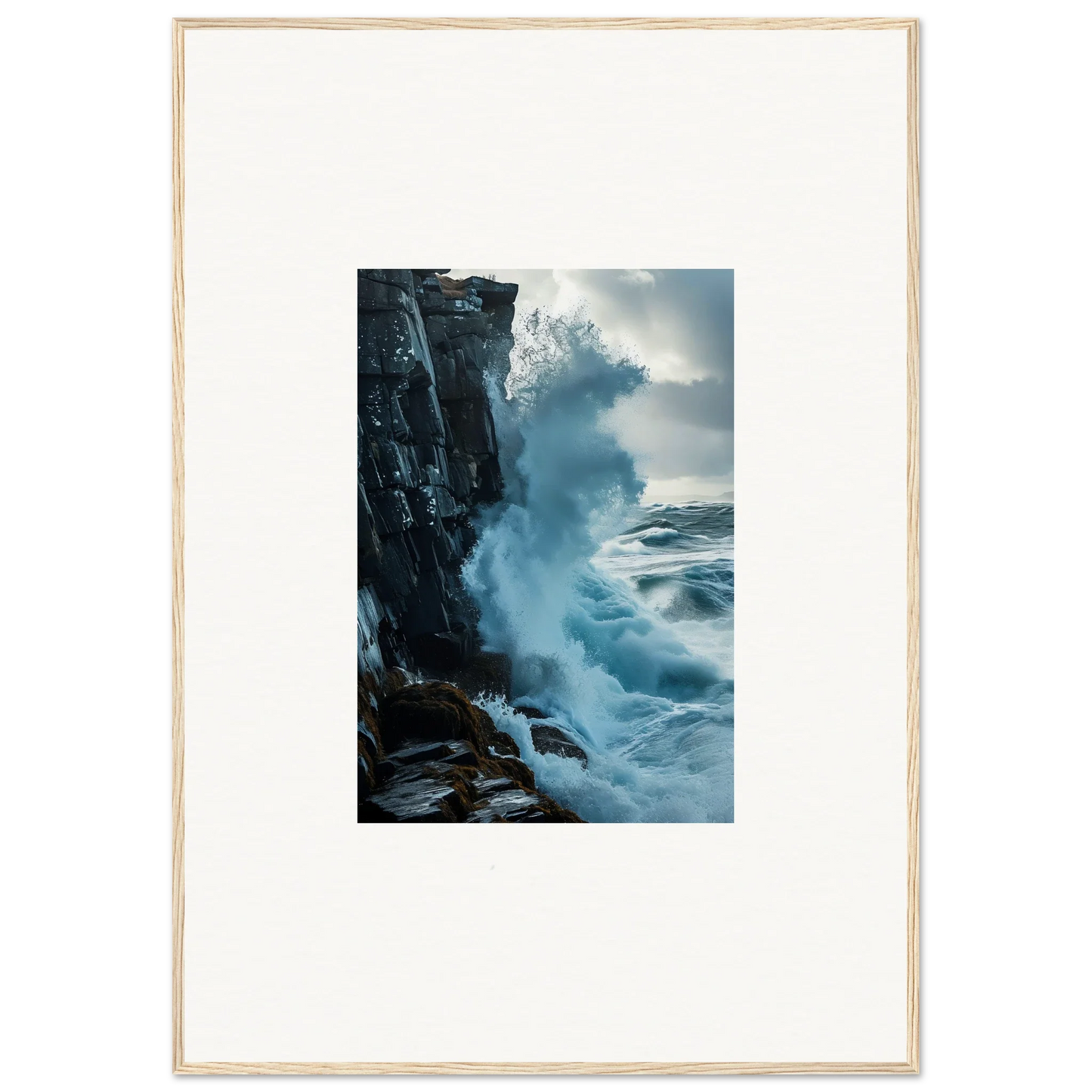 Powerful ocean wave crashing on rocky cliff, perfect for baptism translation room decor